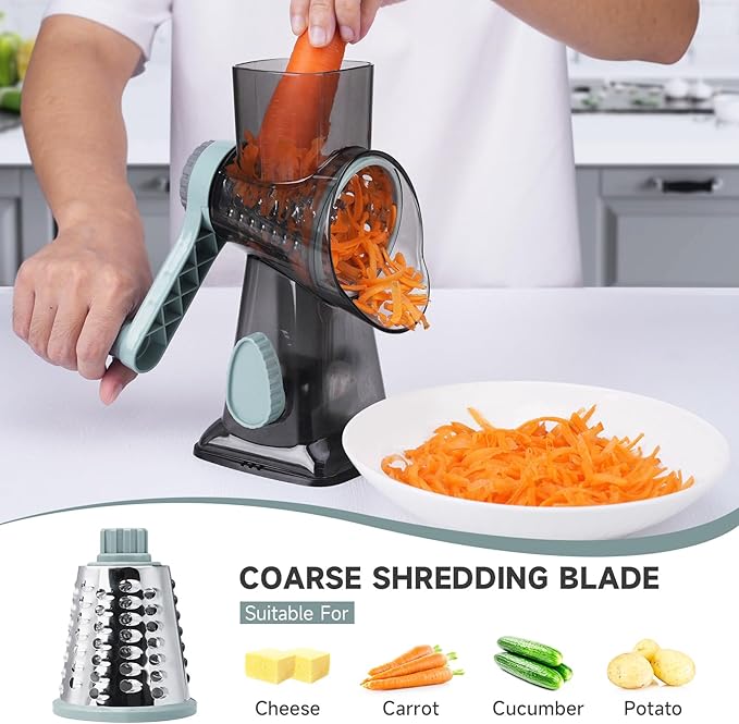 Cheese Grater Hand Crank, Manual Cheese Shredder with 3 Interchangeable Blades, Rotary Cheese Grater with Strong Suction Base, Easy to Use and Clean, GreyBlue