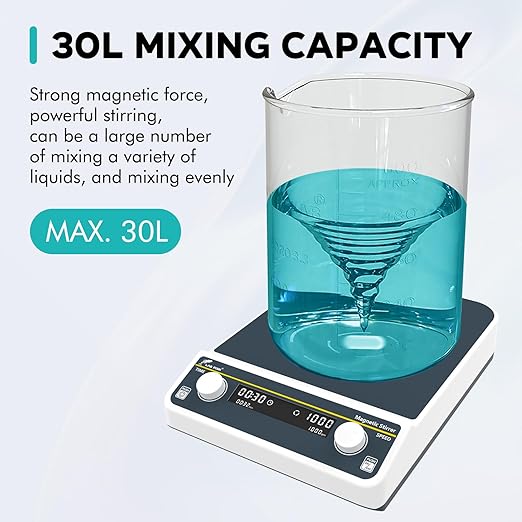LAB FISH Digital 30L Magnetic Stirrer (30000ML) Large Capacity 1300PRM Magnetic Mixer 10.2"X10.2" Stir Plate W/Timer for Lab