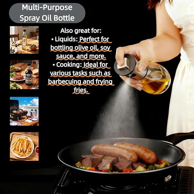 Olive Oil Fine Mist Spray Bottle - 6.7oz/200ml Cooking Sprayer for Air Fryer, Salad, Grilling & Frying - Kitchen Essential Tool（304 Stainless Steel）（with 3D stickers）