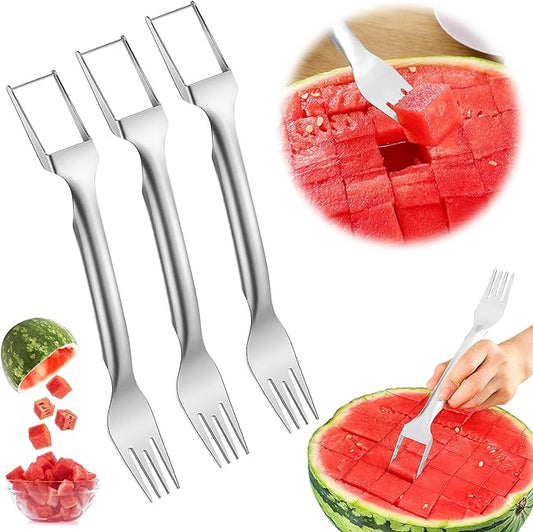 Watermelon Cutter Slicer Fruit Tool - 2-in-1 Stainless Steel Watermelon Cube Cutter, Melon Fork Slicer, Dual Head Watermelon Cuber Cutting Tool Knife (3 PCS)