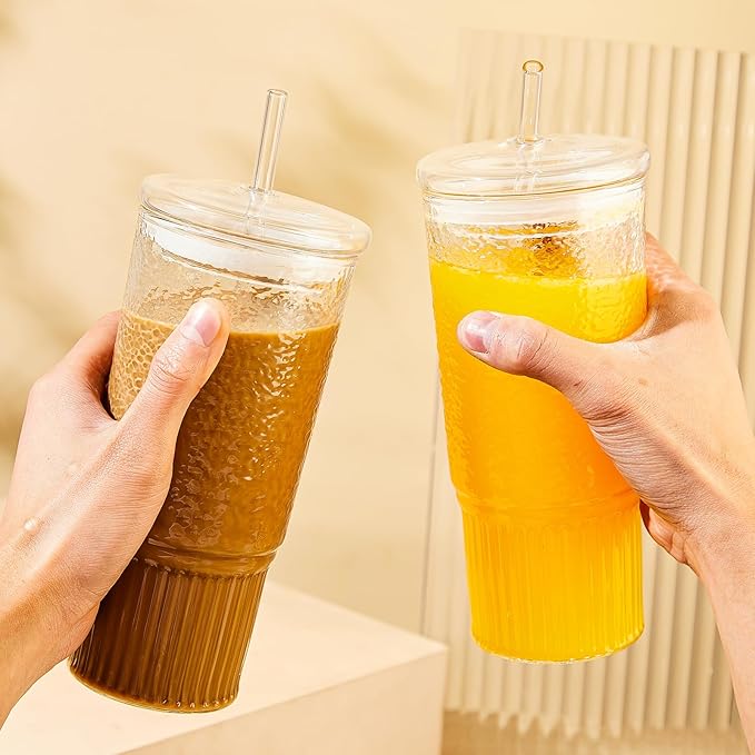 JunVpic Glass Cups with Lids and Straws,24oz Glass Tumbler with Handle Iced Coffee Cup for Coffee,Juice,Tea,Milk,Smoothie,Hot & Cold Drinks (Clear)
