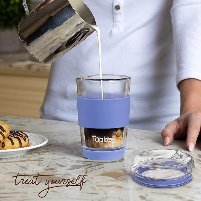 Tupkee Double Wall Glass Tumbler - 8-Ounce, All Glass Hand Blown Reusable Insulated Tea/Coffee Mug & Lid, Travel Mug - Jacaranda