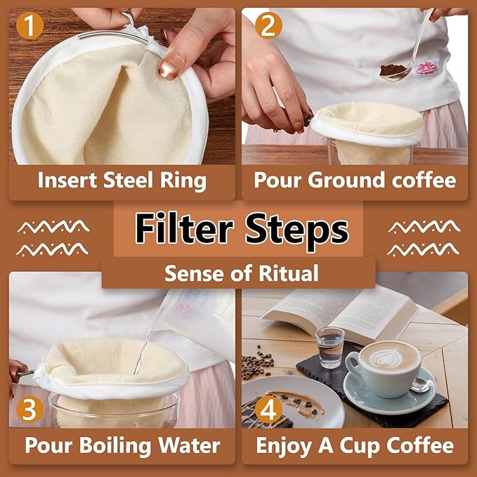 Flannel Cloth Coffee Filter with Wooden Handle, Reusable Handmade Coffee Filter, Washable Coffees Sock Strainer for Coffees Lover Home Café Use