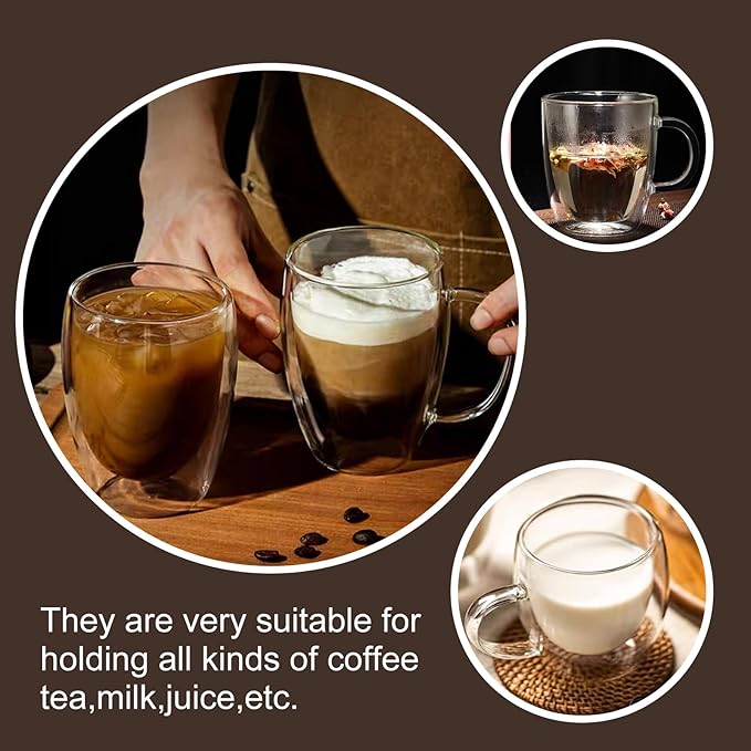 4 Pack Double Walled Glass Coffee Mugs with Bamboo Lid/Spoon, Insulated Coffee Cups with Handle, Cappuccino Latte Glasses Cup, Clear Glass Mugs for Hot Drinks Tea Milk Juice Ice Cream (350ml)