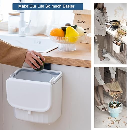 Good Looking Hanging Small Trash Can with Lid, Thick Kitchen Compost Bin for Counter Top or Under Sink, Wall Mounted Waste Basket Bin Garbage Can for Bathroom (Ivory White)