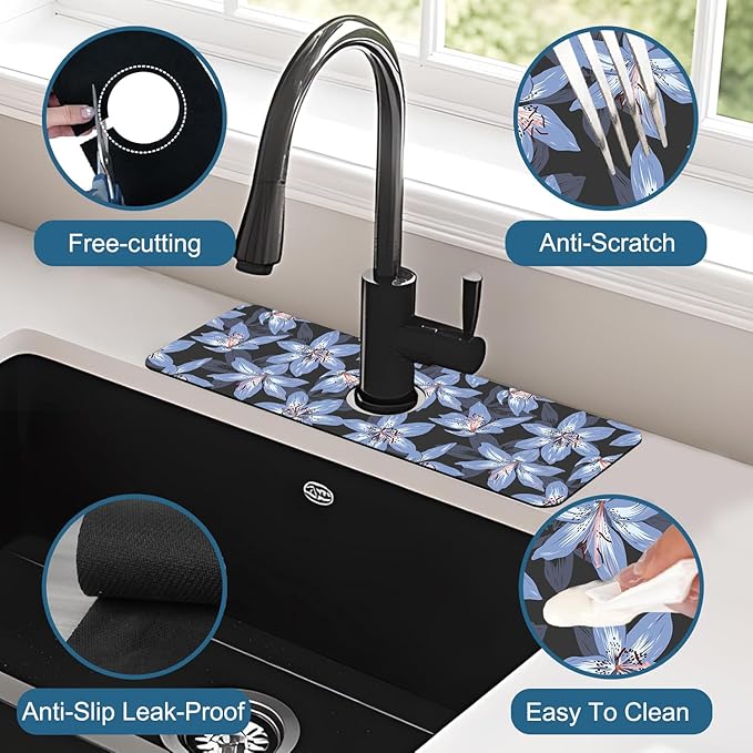 Blooming Lily Sink Faucet Absorbing Mat Blue Lily Flowers Super Absorbent Fast Drying Mat Sink Gadgets Behind Faucet Sinkmat for Kitchen Bathroom, 15.5"x5.5"