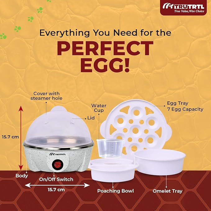 truTRTL Electric Egg Cooker | Boils upto 7 eggs | Poacher | Omelet maker | Vegetable steamer, dumpling & More | Marble