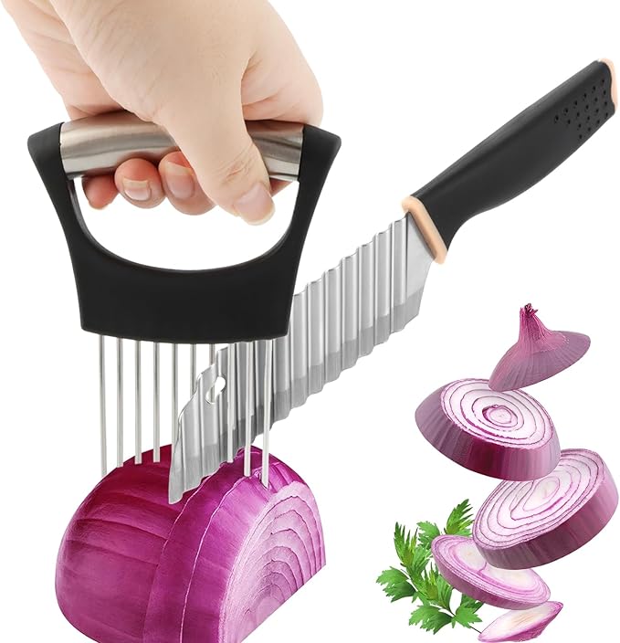 Crinkle Cutter Knife, Rubber Handle Stainless Steel Fries Cutter Slicer with Onion Holder, Vegetable Salad Chopping Knife Home Kitchen Wavy Blade Cutting Tool(Black)