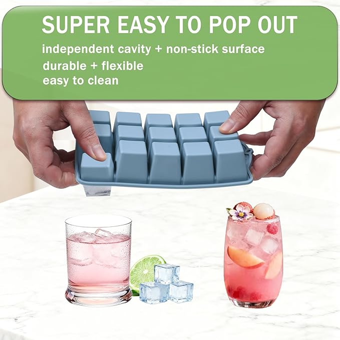Ice Cube Trays for Freezer, 2 Pack Easy Release Slicone Ice Cube Tray with Lid, BPA Free Stackable Flexible Ice Molds 15 Square Reusable Ice Cubes for Whiskey, Baby Food, Iced Coffee (Blue)