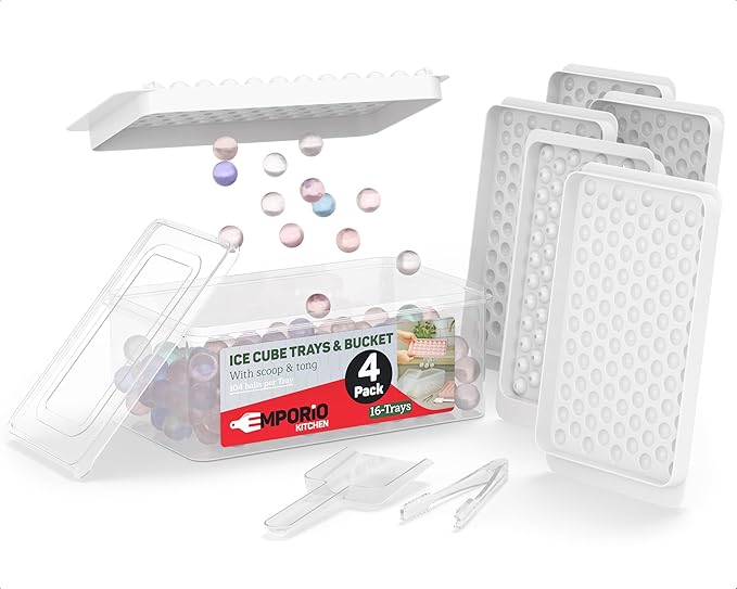 Emporio Kitchen Round Ice Cube Tray Set Pack of 4, BPA-Free Stackable Trays with Lid & Tongs, 104 Ice Balls Per Tray for Whiskey, Drinks, and Cocktails, Quick Release Round Ice Cube Mold, White