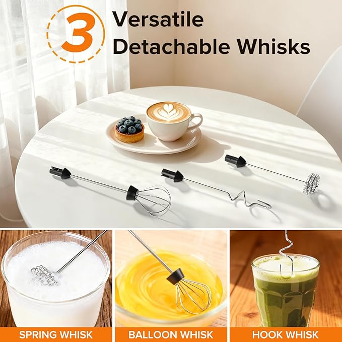 Milk Frother Handheld, 3-Speed Frother Wand Rechargeable, with 3 Detachable Whisks, Coffee Frother for Coffee,Latte, Cappuccino, Matcha, Hot Chocolate & Eggs, Electric Whisk Drink Mixer (Black)