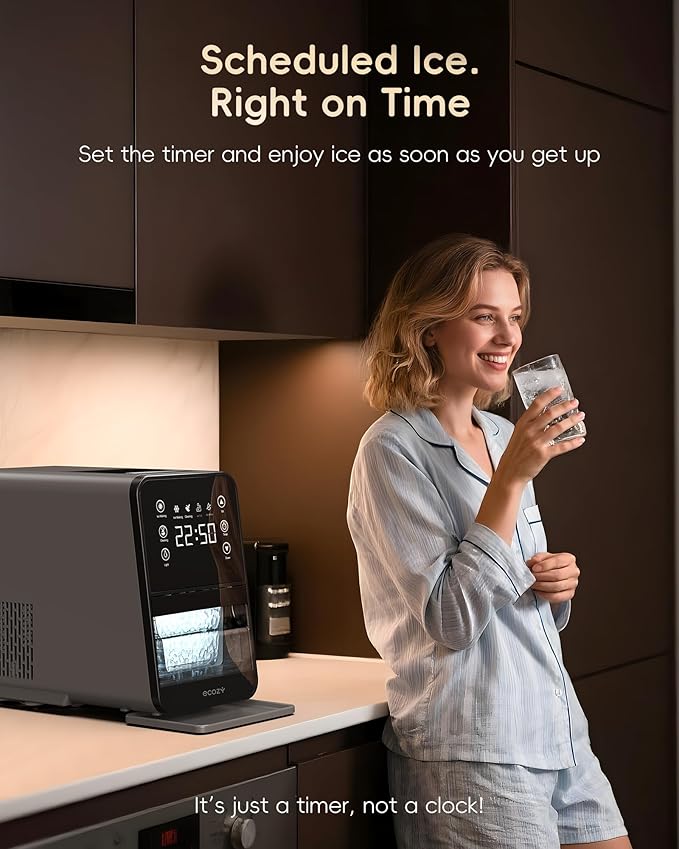 ecozy Nugget Ice Maker Countertop, 40Lbs/24H Chewable Pebble Ice, One-Touch Timer Control, Self-Cleaning Sonic Ice Machine with TDS Water Tester, Pull-Out Ice Basket, Compact for Home Kitchen Office