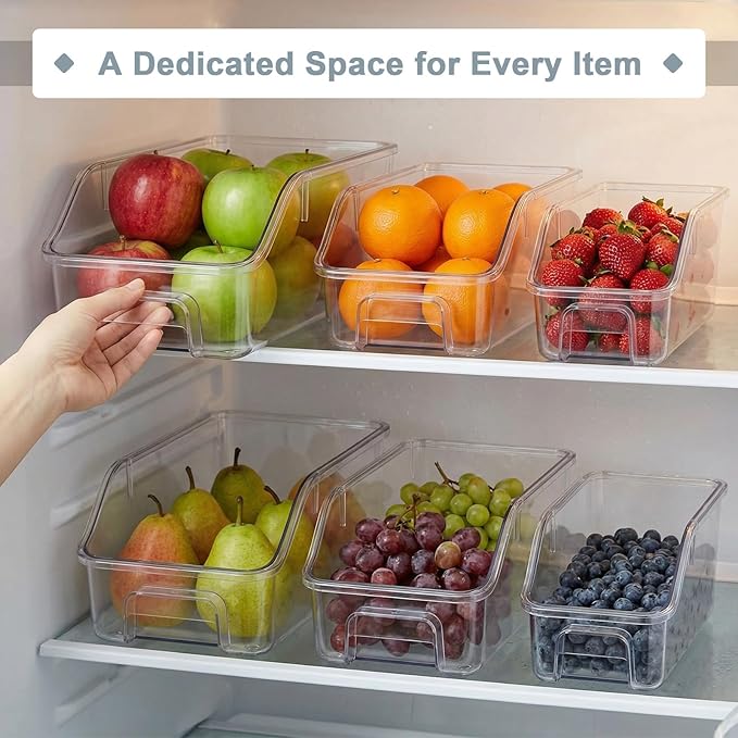 LemonRoad 6 Packs Clear Freezer Organizer Bins with Handle Pantry Vegetable Organizers and Storage Stackable Open Front Fridge Storage Egg Salad Containers for Kitchen Refrigerator Cabinet Closet