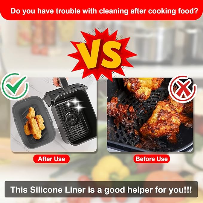 Air Fryer Silicone Liners, 7.56 x 5.12 inch Small Rectangle Collapsible Airfryer Liner, Reusable Non-Stick Baking Trays for Ninja DZ201/DZ401/DZ550 Dual Air Fryer, 2 Pack (Grey+Blue)
