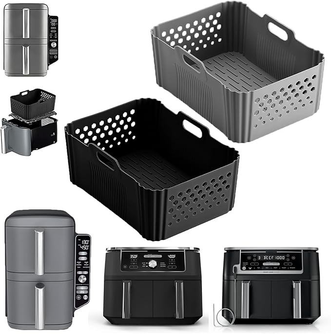 Silicone Air Fryer Liners for Ninja 10QT DoubleStack XL 2-Basket SL401 SL400 SL451 Airfryer,2PCS Reusable Rectangle Perforated Silicone Liners for Ninja DZ302 DZ401 DZ550 Dual Air Fryer Accessories