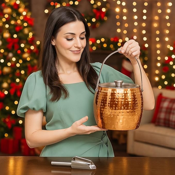BREKX 3QT Insulated Ice Bucket for Parties with Lid and Scoop- Sweat-Free One Bottle Wine Chiller/Champagne Bucket or Ice Bucket for Cocktail Bar, Leak Proof & Easy to Clean, Rose Gold