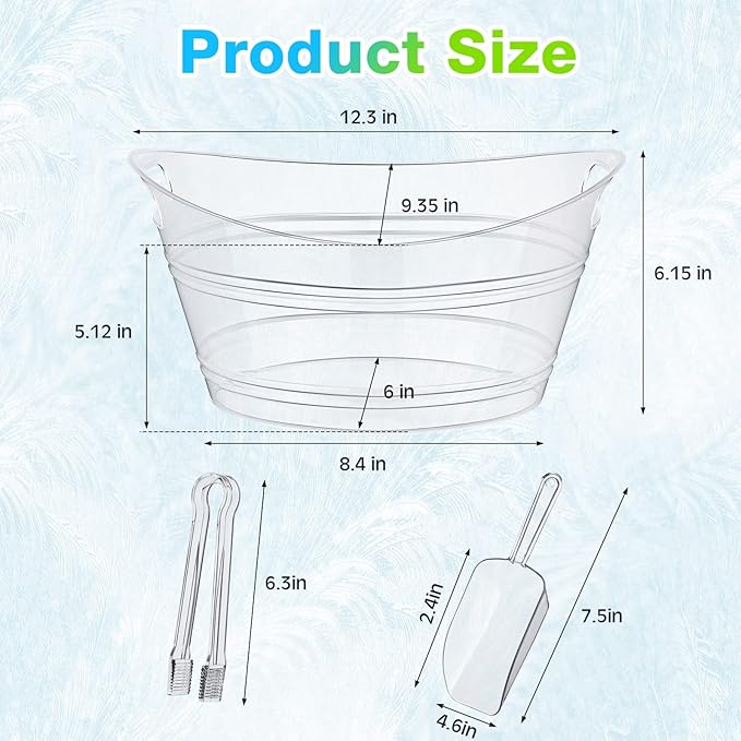 Zhehao 10 Pcs Ice Bucket for Parties 4.5 l Oval Beverage Tub with 5 Plastic Ice Scoops and 5 Tongs Champagne Bucket for Beer Wine Cocktail Beverage Bar Banquet Family Gathering (Large Scoops, Clear)