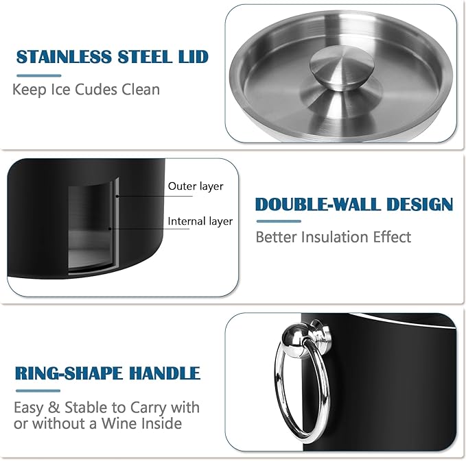Ice Bucket with Lid & Tong- Well Made Insulated Stainless Steel Keep Ice Frozen Longer - Ideal for Cocktail Bar, Parties, Chilling Wine, Champagne - 3 Liter (Black)