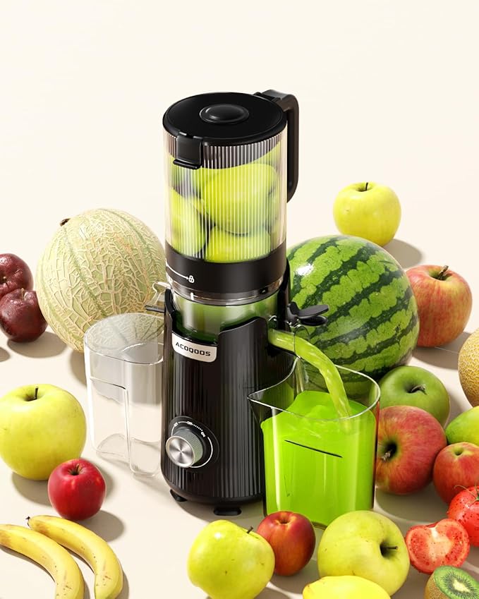 Cold Press Juicer, Auto Feed & Pre-cut, 55 RPM Slow Masticating High Juice Yield Juicer Machines, Easy to Clean, 5.3" Wide Chute, 1.8L Hopper with 2 Cups, Black
