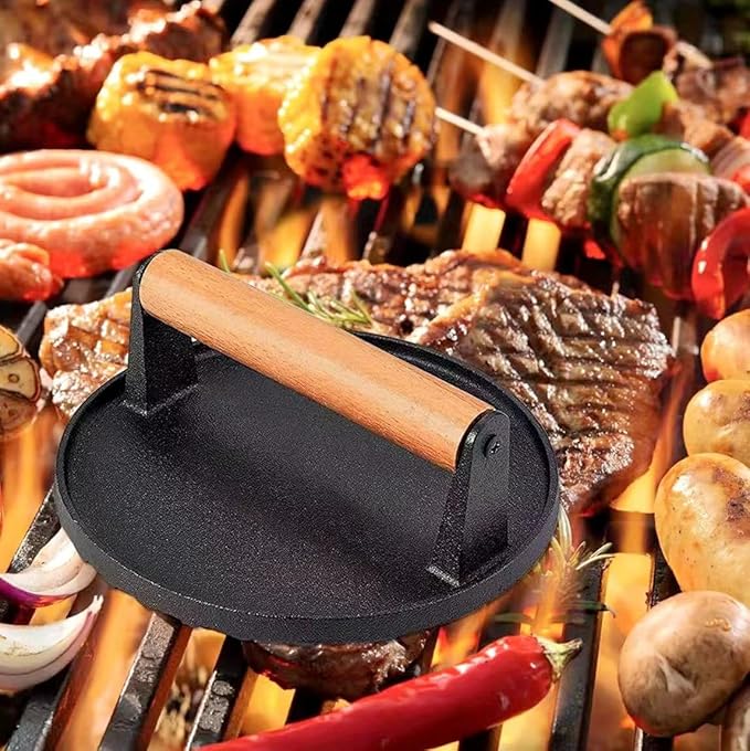 Kitchen Tools Heavy Duty Cast Iron Smash Burger Press Round Barbecue Meat Flat Press with Anti Scalding Wooden Handle with Handle for Griddle, Sandwich, Nonstick Pan
