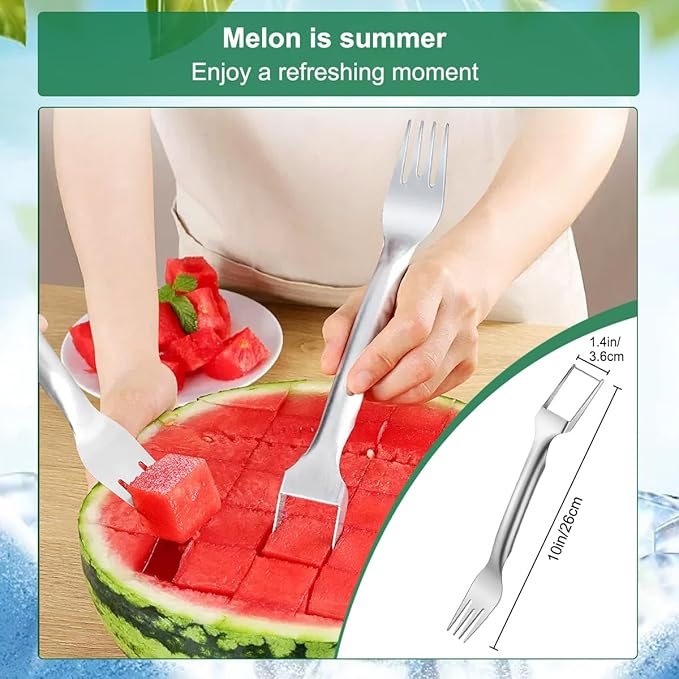 Watermelon Cutter Slicer Fruit Tool - 2-in-1 Stainless Steel Watermelon Cube Cutter, Melon Fork Slicer, Dual Head Watermelon Cuber Cutting Tool Knife (1 PCS)