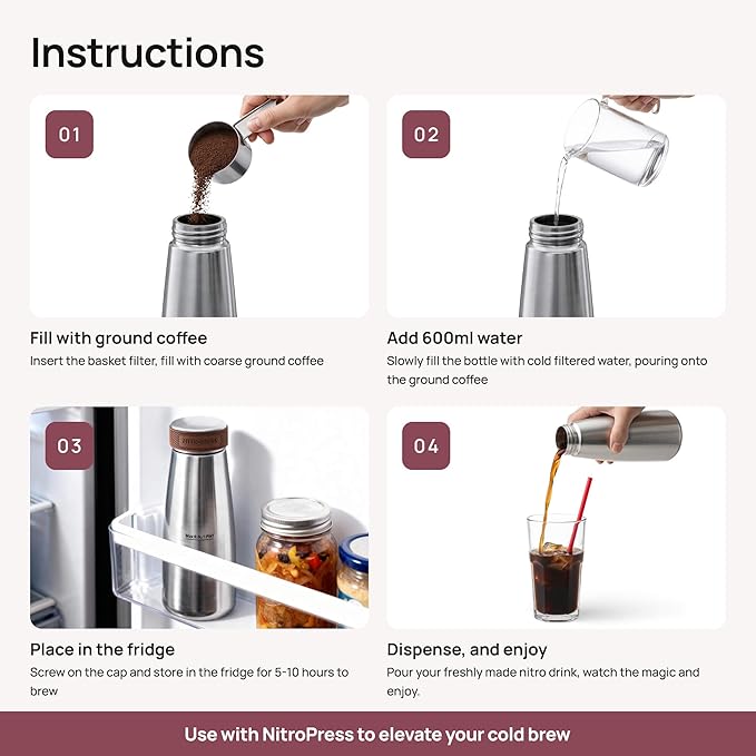 NitroPress Cold Brew Coffee Maker – Stainless Steel Home Brew Kit for Coffee and Tea with 200 Micron Filter Basket and Storage Cap - Perfect for Cold Brew at Home - Gift for Coffee Lovers
