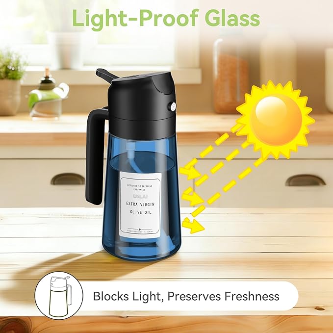 USLAI Oil Sprayer for Cooking, 16oz/470ml 2 in 1 Glass Olive Oil Dispenser Bottle for Kitchen, Air Fryer, BBQ and Salad - Blue