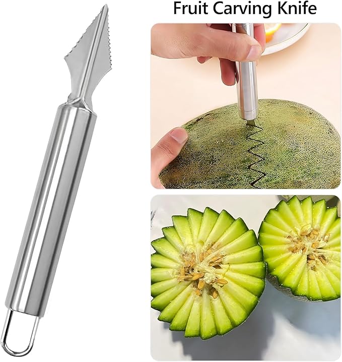 6 Pcs Stainless Steel Fruit Carving Knife Set, Kitchen Fruit Carving Knife, Watermelon and Ice Cream Scoop, 2-in-1 Dig Pulp Separator Fruit Peeling Tool, Crinkle Knife and Lemon Zester Grater