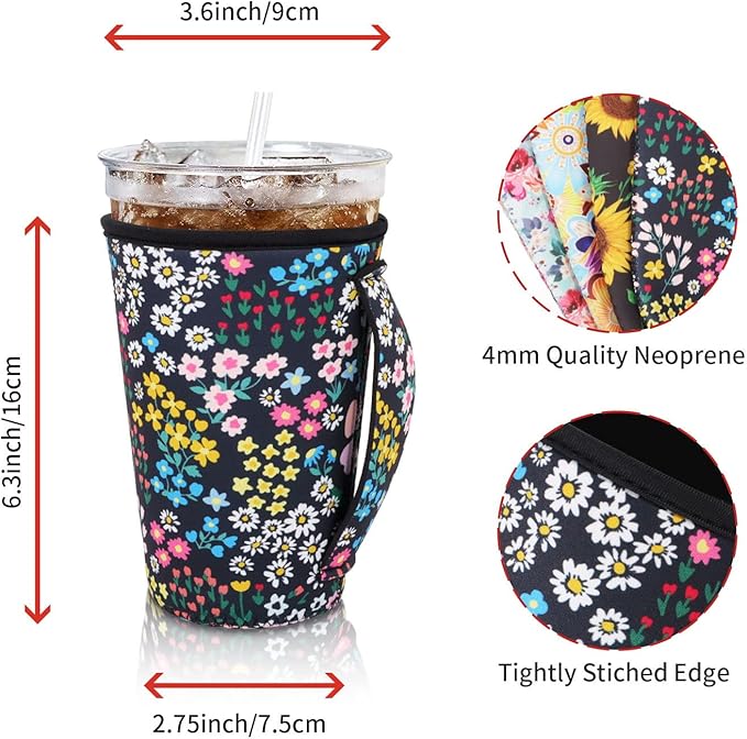 4Pack Reusable Iced Coffee Sleeve Insulator Sleeves for Cold Drinks Beverages, Neoprene Cup Holder for Most Coffee, Fits 30-32oz Large Cups (Floral Meadow With Handle)