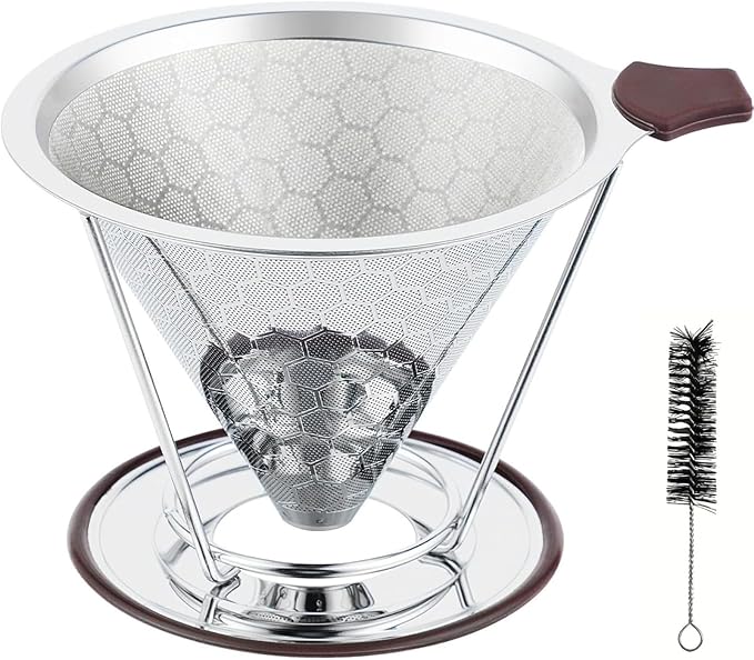 Vikuces®800 Mesh Reusable Pour Over Coffee Dripper, Metal Stainless Steel Honeycomb Filter, Paperless Cone Filter for Hario V60, Chemex and Mugs with Separate Stand, Single Cup Coffee Maker, 1-4 Cup