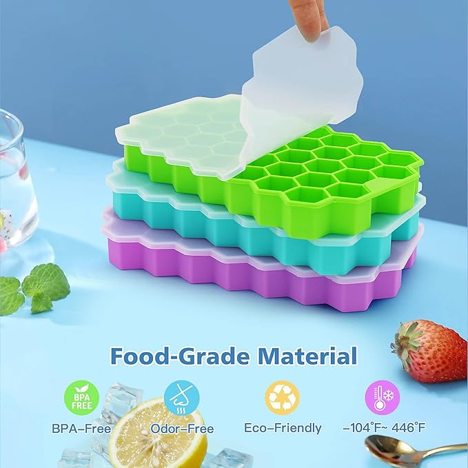 Azyh Ice Cube Trays for Freezer, 3 Pack Ice Cube Tray with Lid, Silicone Ice Cube Mold with Lid-37 Grid,Easy-Release Reusable 111 PCS Small Ice Cube for Iced Coffee Cocktail Whisky Chocolate Soup Food