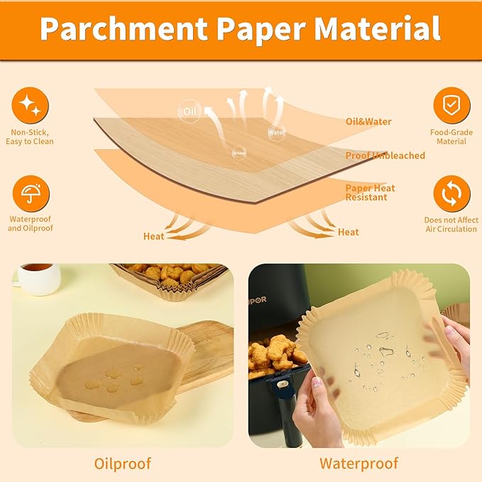 Air Fryer Liners Disposable Square for Ninja AF141 AF142 5Qt/Ninja AF181 AF182 6.5Qt, 100PCs 7.9in Non-stick Oil-proof Parchment Cooking Paper for Gourmia/Cosori/Chefman 5-8Qt Airfryer/Media 11 Quart