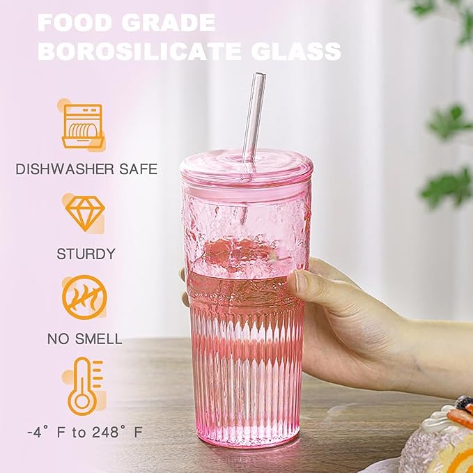 JunVpic Glass Coffee Cups with Lids and Straws, 20 OZ Pink Iced Water Glasses Tumblers for Ice Juice, Tea, Milk, Smoothie and Cold or Hot Drinks, Set of 2