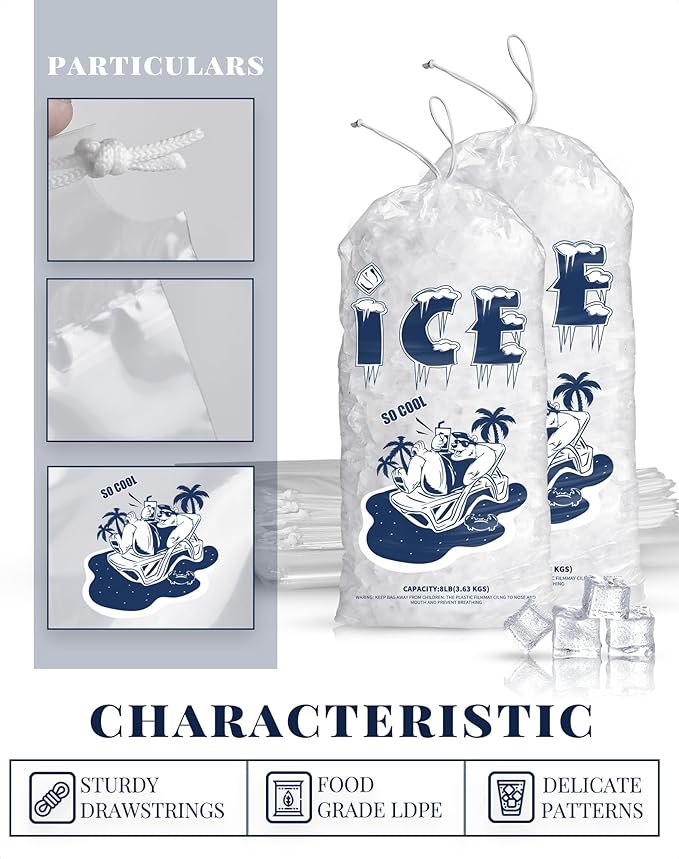 FireKylin 50 Pack Ice Bags 10 lb, Heavy-Duty Ice Bags with Drawstring for Freezer (2 Mils Thickness)