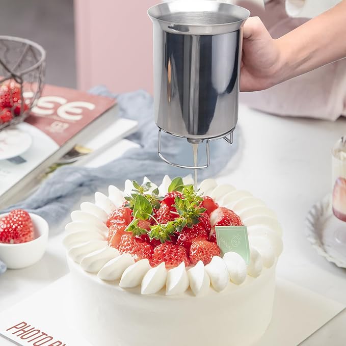800ml/27oz Pancake Batter Dispenser with Easyflow Spout - Handheld Stainless Steel Pourer for Baking Pancakes, Crepes, Waffles, Cupcakes & Muffins, Measuring Gauge in MLS & Cups (4.1x6.4in)