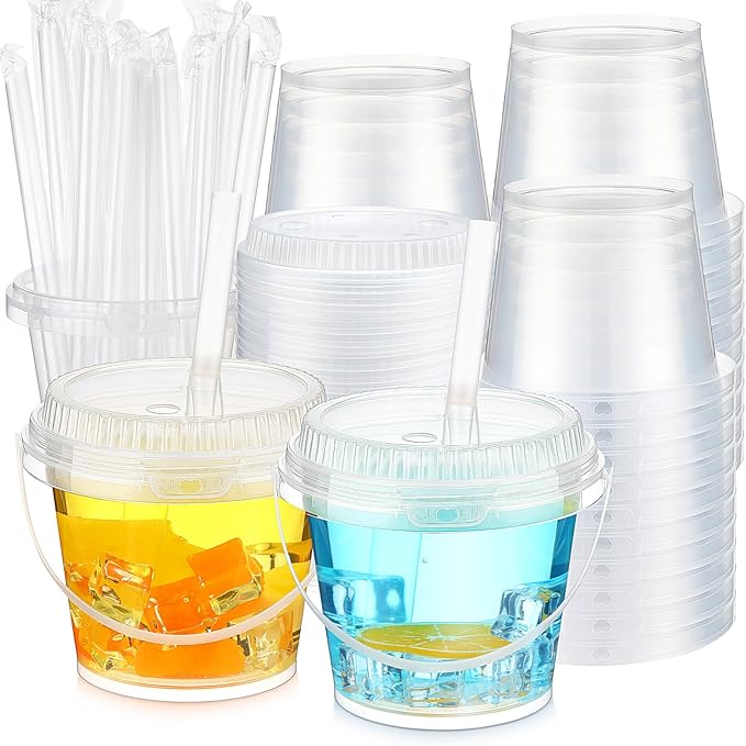 Funnymoom 50 Set 24 oz Clear Drink Buckets with Lids and Straws, Disposable Plastic Rum Cocktail Pails with Handles, Large Smoothie Cups for Adult Bachelorette Party Supplies, Beach & Catering Events