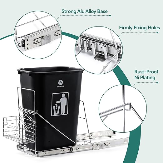 Pull Out Trash Can Under Cabinet,Adjustable Under Sink Trash Can Pull Out Kit with Removable Basket,Slide Roll Out Kitchen Trash Can Rack,Fit for Most 7-11 Gallon Garbage (Trash Can Not Included)