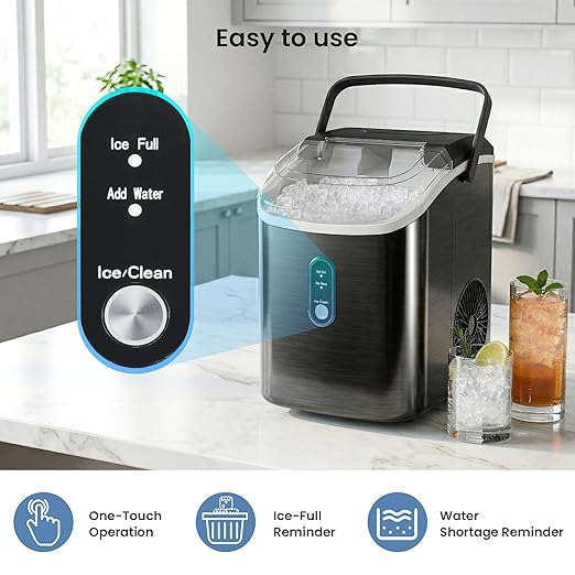 Antarctic Star Nugget Ice Maker Countertop,34Lbs/24H, One-Click Operation, Self-Cleaning, Ice Scoop&Ice Basket, Stainless Steel Pebble Ice Machine for Kitchen/Office/Bar (Steel Black)