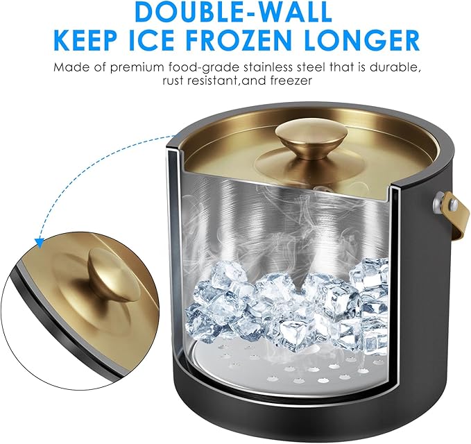 3.2L Insulated Ice Buckets for Parties, Elegant Double Wall Stainless Steel Champagne Buckets with Lid & Scoop,Ideal for Cocktail Bar, Chilling Wine, Champagne