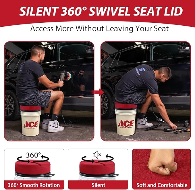 5 Gallon Bucket Seat with 3" Thick Seat Foam Cushion, 360°Swivel Bucket Lid Seat, Waterproof & Silent Bucket Seats for Ice Fishing, Baseball, Hunting and Camping