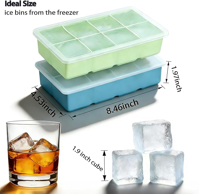 Large Square Ice Cube Molds (2-Pack),Silicone Ice Cube Trays for Freezer with Lid,Easy Release Stackable 2 inch Huge Cubed Ice Trays for Whisky