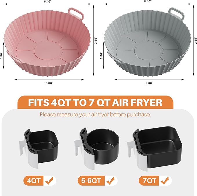 ME.FAN Air Fryer Silicone Liners for 4 to 7 QT [2 Pack] Reusable Air Fryer Basket with Handles & Holes Red