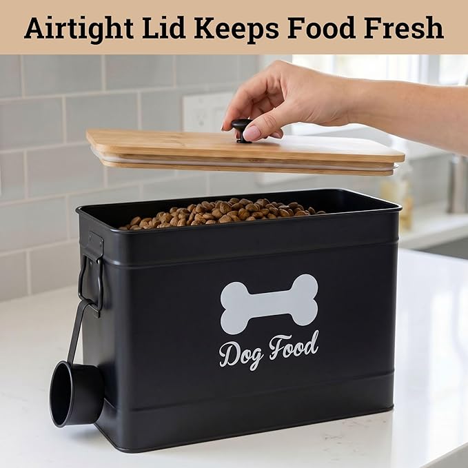 Dog Food Container Airtight 15 lb (50 Cup) Capacity with Metal Scoop - Cute Airtight Dog Food Storage Container with Bamboo Lid - Black Metal Kibble Storage Bin for Dogs up to 100 lbs - Big Pet Jar