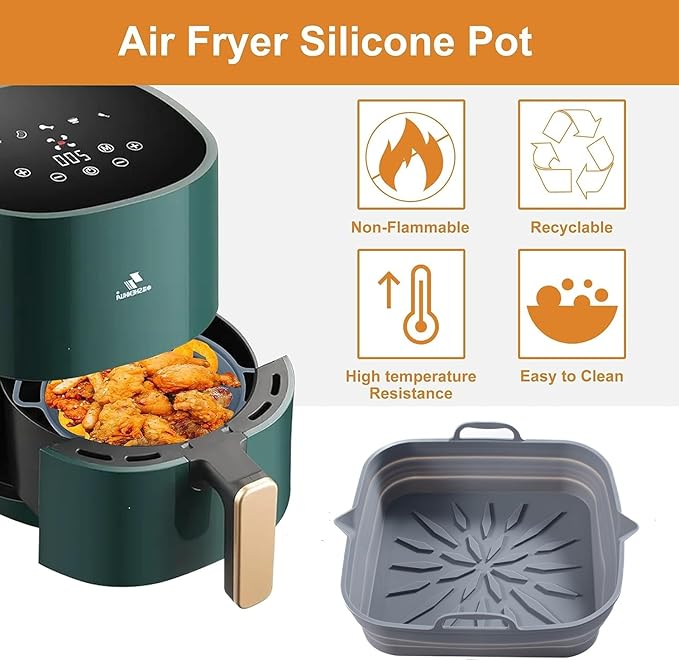 Reusable Silicone Air Fryer Liners (2-Pack) – 8.5” Square, Non-Stick & Easy to Clean, Heat-Resistant Basket for 4-7 Qt Air Fryers – Grey & Black