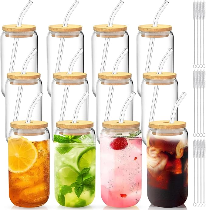 Glass Cups with Lids and Straws Set of 12 – 16oz Iced Coffee Tumblers for Christmas, Thanksgiving, and Family Gatherings – Gift-Ready Drinkware for Parties and Holiday Hosting