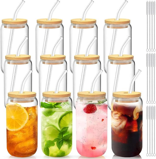 Glass Cups with Lids and Straws Set of 12 – 16oz Iced Coffee Tumblers for Christmas, Thanksgiving, and Family Gatherings – Gift-Ready Drinkware for Parties and Holiday Hosting