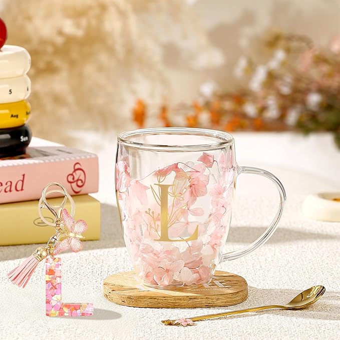 Personalized Gifts for Women Flower Double Wall Cute Novelty Monogrammed Glass Coffee Mug Tea Cup with Spoon Customized Wedding Favors Unique Christmas Birthday Gifts for Bride Wife Friends Sisters(L)