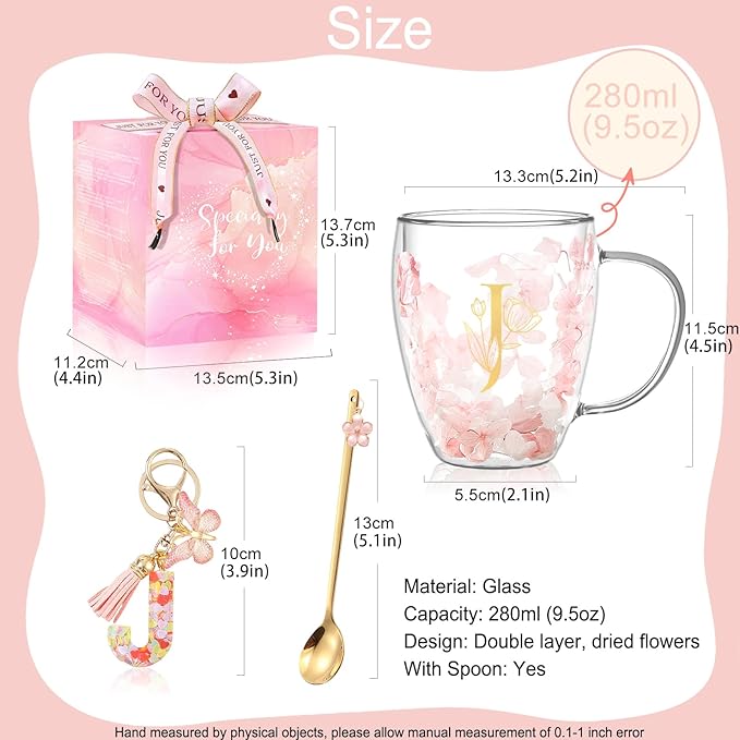 Gifts for Women Flower Cute Monogrammed Double Wall Glass Coffee Mug Initial Tea Cup Monogrammed Customized Birthday Valentine Wedding Christmas Gift for Mom Wife Friends Sister Birde Coworkers (J)