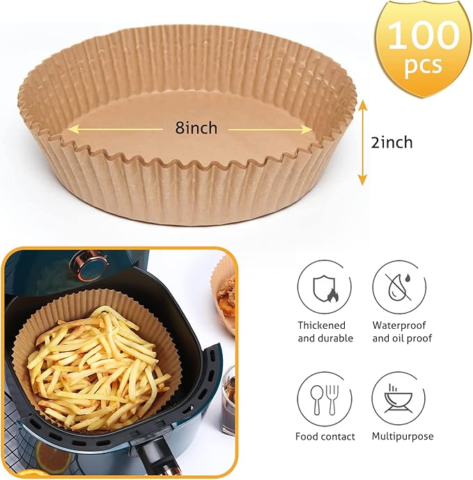 Ailun Air Fryer Paper Liners 8inch, 100PCS Non-Stick Parchment Paper,Oil Resistant,Disposable Food Grade Free of Bleach Paper Round for 5-8 QT Air Fryer Baking Roasting Microwave