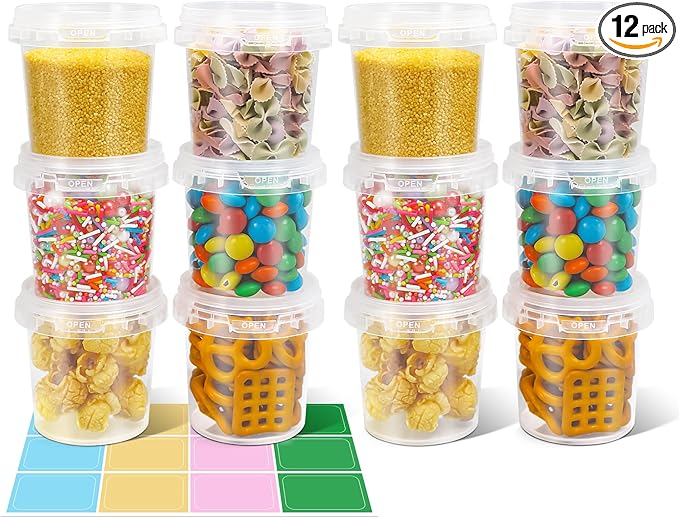 Airtight Clear Plastic Bucket with Lid, Ice Buckets for Parties, Reusable Ice Cream Tub with Handle, Food Storage Container, Food Grade Freezer and Microwave Safe for Sauce, Soup (5 OZ/12 PACK)